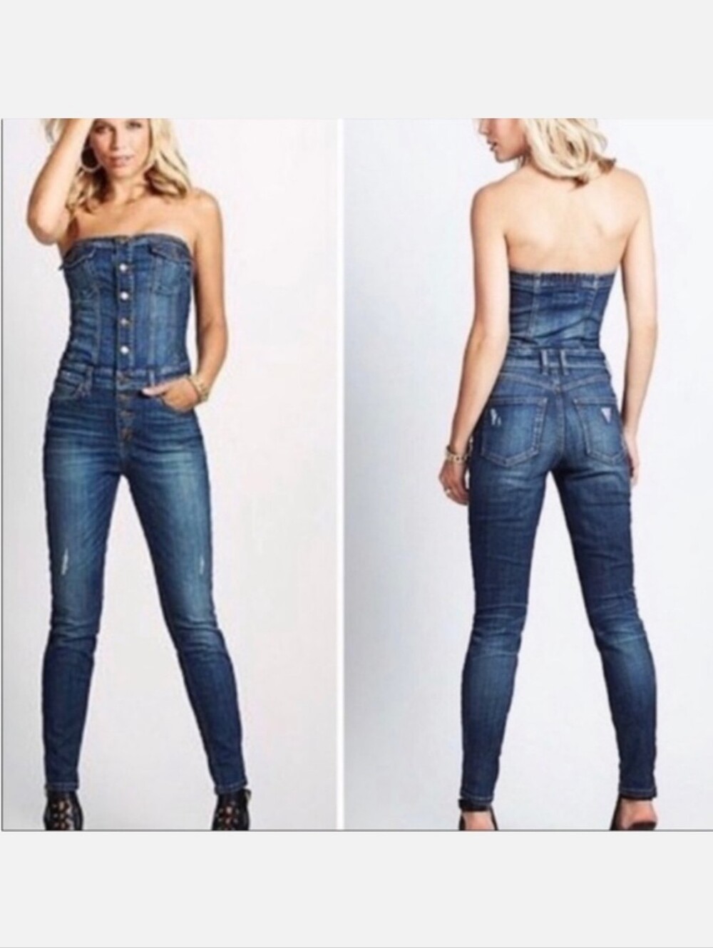 Guess Strapless Denim Jumpsuit - Dark Blue